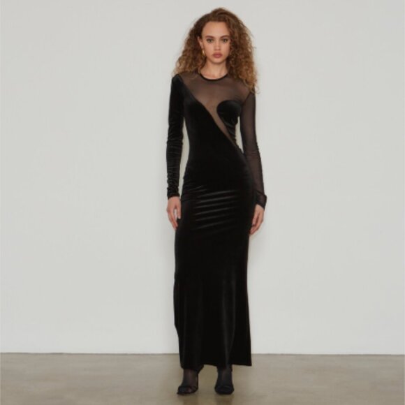 Brand New Delfi Collective Long-Sleeve Sheer Velvet Maxi Dress - Picture 1 of 8